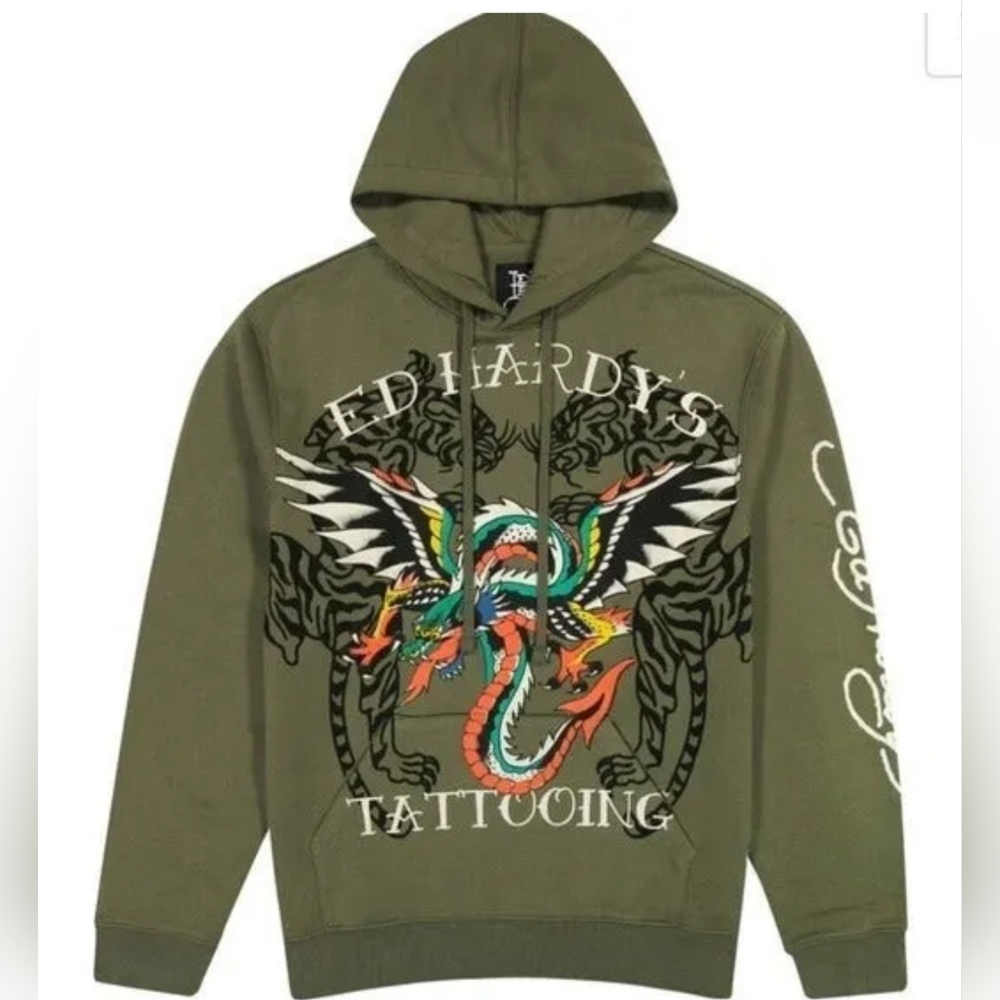 Ed Hardy Dragon Wings Olive Pullover Hoodie Mens Size L - NWT - $ 98.00 ORIGINAL